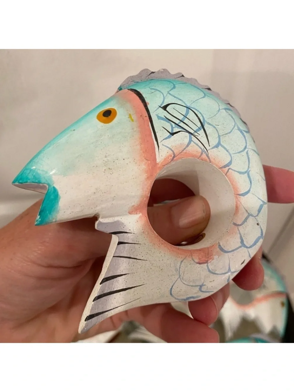 Vintage Hand Carved Fish Shaped Napkin Ring Holders